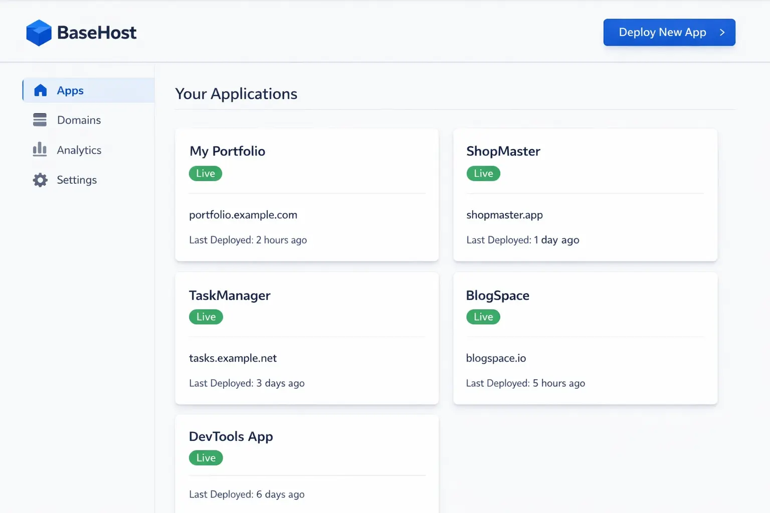 BaseHost dashboard showing hosted Base44 apps